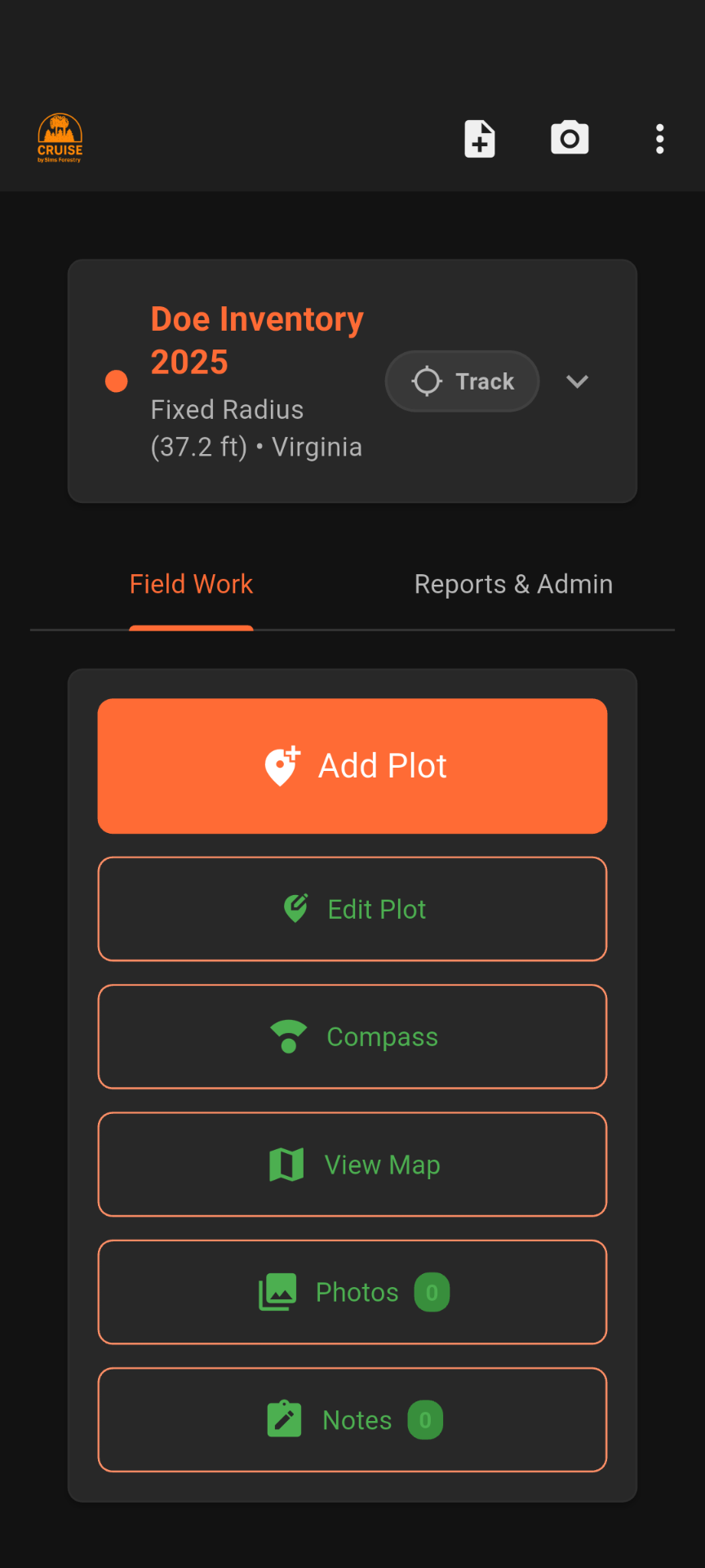 CRUISE Field Work menu showing plot options